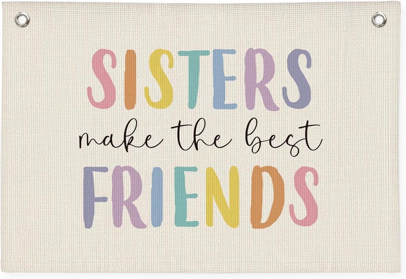 PLKMN Girls Room Decor, Sisters Make The Best Friends, Canvas Banner Wall Hanging Banner Flag Decor for Nursery Classroom Playroom Kids Room - Image 1
